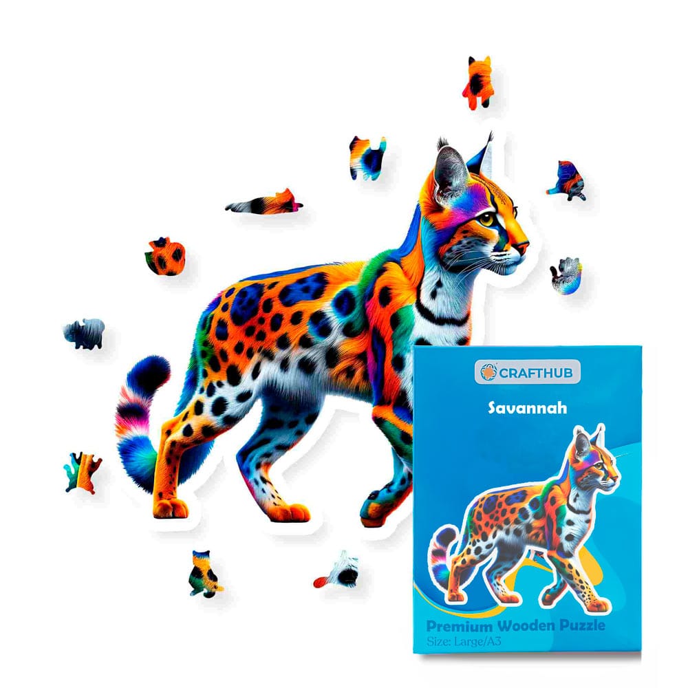Animal Jigsaw Puzzle > Wooden Jigsaw Puzzle > Jigsaw Puzzle A4 + Paper Box Savannah Cat - Jigsaw Puzzle